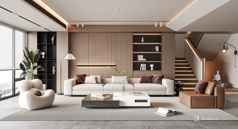 Modern Living Room Interior Design With Beige Sofa Wooden Wall Bookshelves Staircase And Coffee Table 3d model 