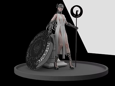 Game Movie Female Character Wearing White Dress Headpiece Holding Spear Shield On Platform Geometric Background 3d model