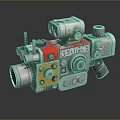 Mechanical Computer Peripheral With Shuriken Label Red Yellow Silver Lens Knobs And Pipes