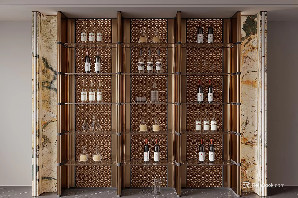 Elegant Wine Cabinet With Metal Frame Shelves Holding Wine Bottles And Glasses On Marble Backdrop 3d model 
