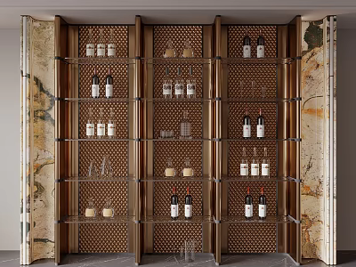 Elegant Wine Cabinet With Metal Frame Shelves Holding Wine Bottles And Glasses On Marble Backdrop 3d model