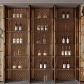 Elegant Wine Cabinet With Metal Frame Shelves Holding Wine Bottles And Glasses On Marble Backdrop