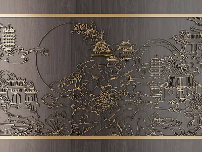 Chinese Traditional Golden Carving Art With Ancient Architecture Moon And Flowers 3d model