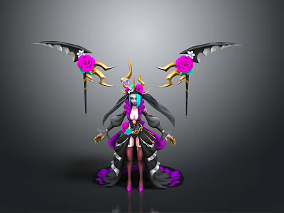 Elegant Fantasy Character With Black Purple Wings Adorned Pink Flowers And Golden Horns 3d model