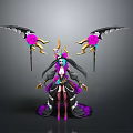 Elegant Fantasy Character With Black Purple Wings Adorned Pink Flowers And Golden Horns