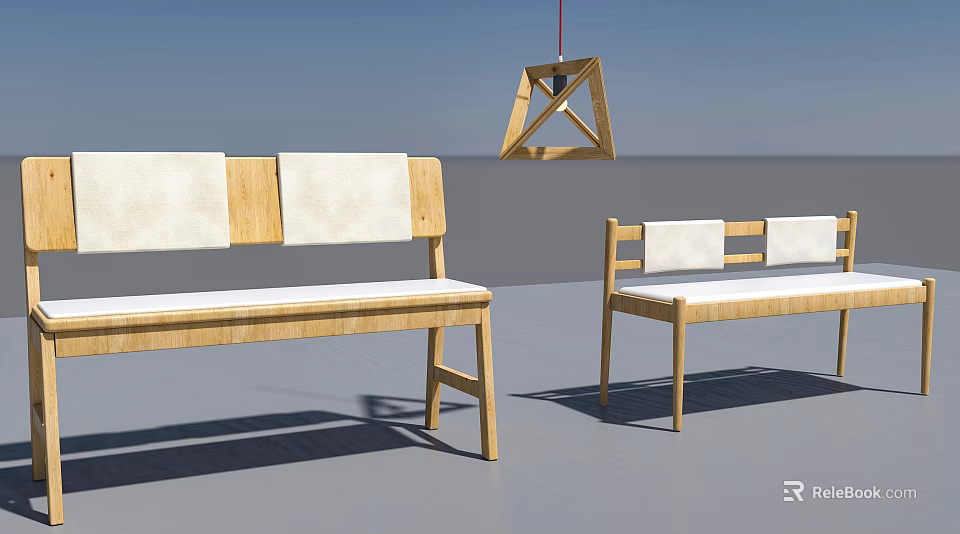 Modern Wooden Dining Chairs With White Cushions And Minimalist Hanging Light 3d model 