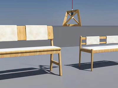 Modern Wooden Dining Chairs With White Cushions And Minimalist Hanging Light 3d model