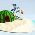 Fun Beach Scene With Watermelon Shaped Hut Palm Trees And Colorful Umbrella Deck Chair