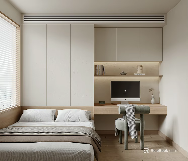 Minimalist Tatami Bedroom With Tatami Bed Built In Cabinets Desk And Window Blinds 3d model 