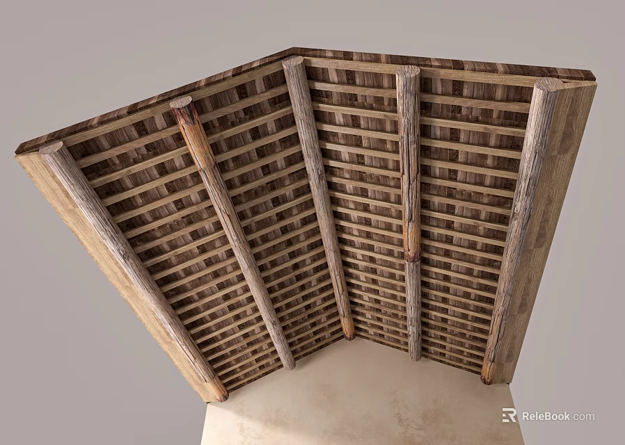 Wooden Grid Ceiling Design With Natural Texture And Support Beams 3d model 