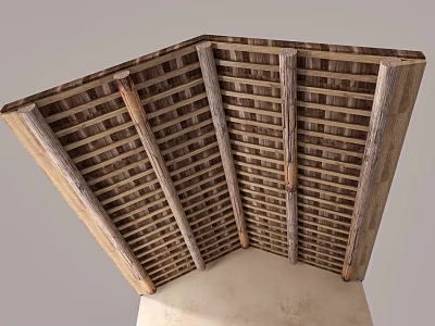 Wooden Grid Ceiling Design With Natural Texture And Support Beams 3d model