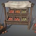 Fresh Assorted Fruits Display on Wooden Market Stall with Canvas Awning and Crates