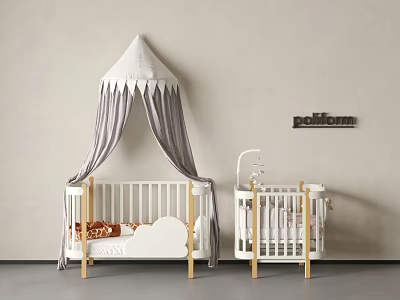 Children's Beds With Canopy Top White Frame Golden Legs Light Gray Curtains And Letter Decor 3d model