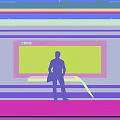 Person Interacting With Large Computer Display Featuring Multiple Digital Interface Windows