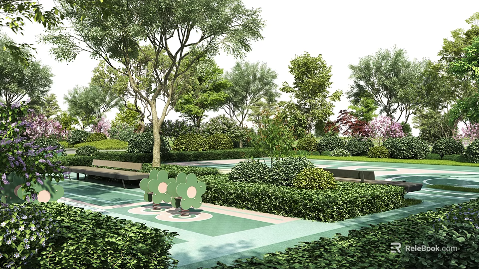 Beautiful Garden Landscape With Trees Hedges Benches Colorful Pavement And Flower Shaped Decorations 3d model 
