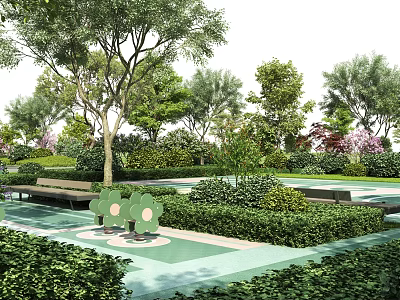 Beautiful Garden Landscape With Trees Hedges Benches Colorful Pavement And Flower Shaped Decorations 3d model