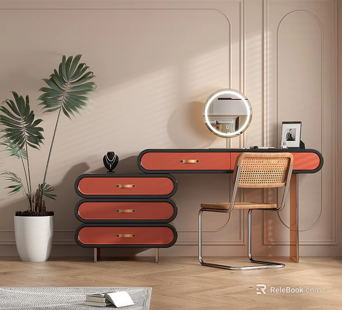 Modern Dressing Table With Red Drawers Wicker Chair Round Mirror Photo Frame And Large Plant 3d model 