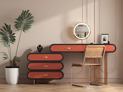 Modern Dressing Table With Red Drawers Wicker Chair Round Mirror Photo Frame And Large Plant 3d model
