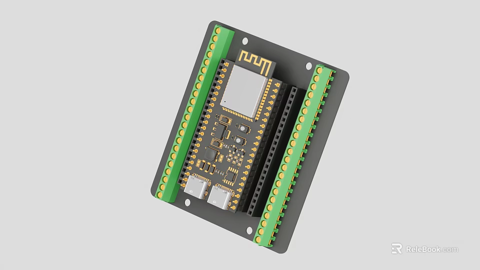 Electronic Circuit Module With Green Edges Black Body Integrated Chip And Pins 3d model 