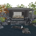 Peaceful Courtyard Garden Featuring Wooden Gazebo Comfortable Sofas Small Waterfall Decorative Rocks And Ornamental Trees