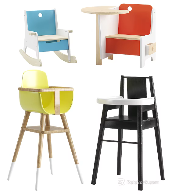 Vibrant Children's Rocking And High Chairs In Yellow Black Blue Red With Drawers Trays 3d model 