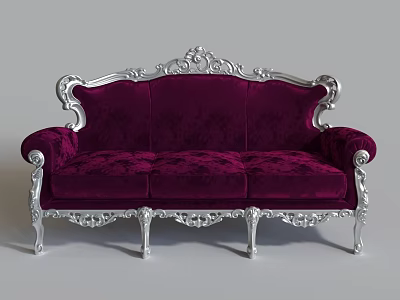 Elegant Three Seater Sofa With Purple Velvet Upholstery And Silver Carved Frame 3d model