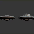 Three Metallic Disc Shaped Objects With Shiny Surface And Red Circular Elements On Dark Background