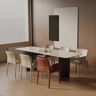 Elegant Dining Table Set With White Rectangular Table Red White Chairs Wooden Wall Interior 3d model