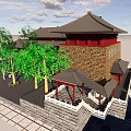 Traditional Chinese Garden Courtyard With Black Roof Green Trees And Paved Ground