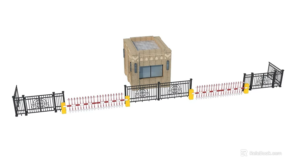 Black Metal Entrance Gate With Security Booth Yellow Posts And Automatic Barriers 3d model 