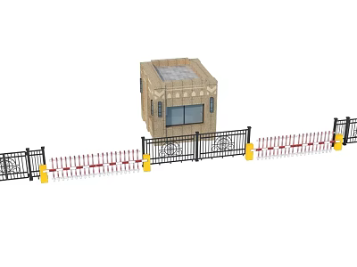 Black Metal Entrance Gate With Security Booth Yellow Posts And Automatic Barriers 3d model