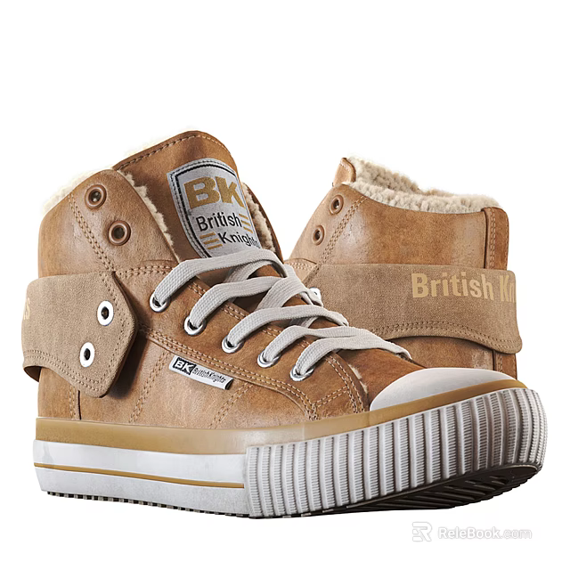 Brown High Top Leather Shoes With British Knights Logo And Fleece Lining White Laces 3d model 
