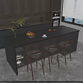 Modern Kitchen Bar Counter With Dark Top Three Stools Fruits And Cabinets