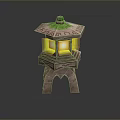 Traditional Stone Lantern With Green Grass Top And Yellow Illuminated Interior