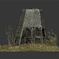 Old Windmill Model With Wooden Frame Dry Grass And Twigs On Square Grass Base