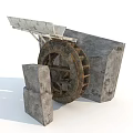 Rustic Garden Ornament With Old Stone Structure Wooden Wheel And Stone Blocks