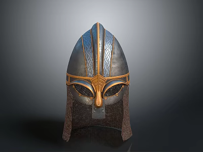 Ancient Metallic Helmet With Decorative Silver And Gold Patterns Chainmail Neck Guard Design 3d model