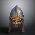 Ancient Metallic Helmet With Decorative Silver And Gold Patterns Chainmail Neck Guard Design 3d model