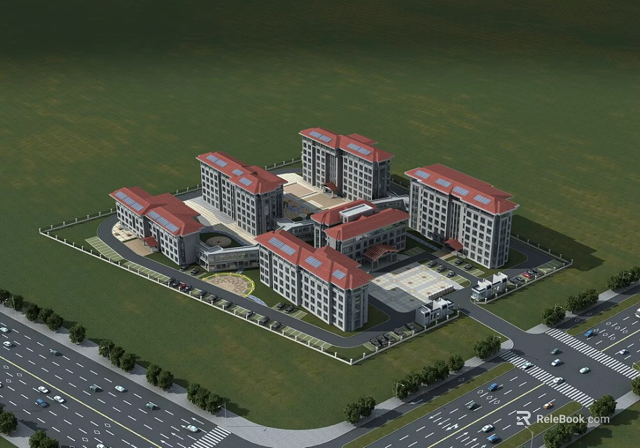 Aerial View Of Modern Multistorey Office Building With Red Roofs Green Lawn And Parking Area 3d model 