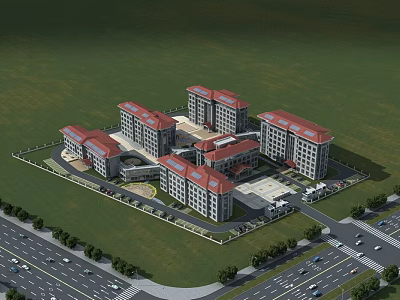 Aerial View Of Modern Multistorey Office Building With Red Roofs Green Lawn And Parking Area 3d model