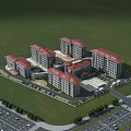 Aerial View Of Modern Multistorey Office Building With Red Roofs Green Lawn And Parking Area