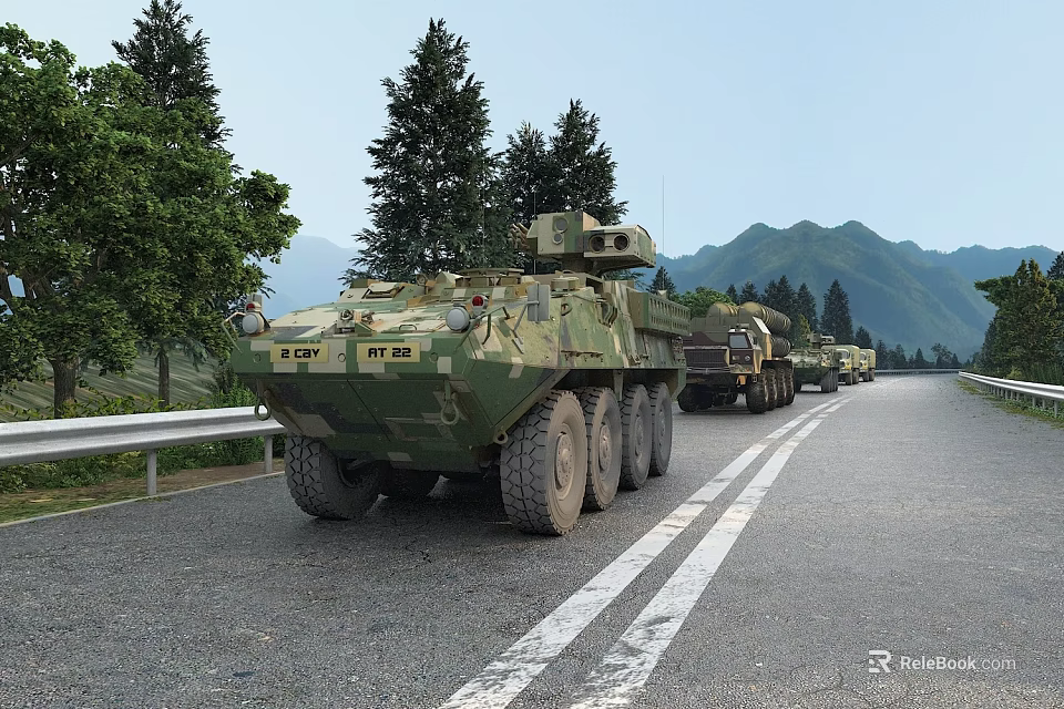Camouflage Green Military Tank Moving on Road with Trees and Mountains 3d model 