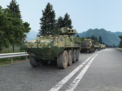 Camouflage Green Military Tank Moving on Road with Trees and Mountains 3d model