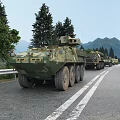 Camouflage Green Military Tank Moving on Road with Trees and Mountains