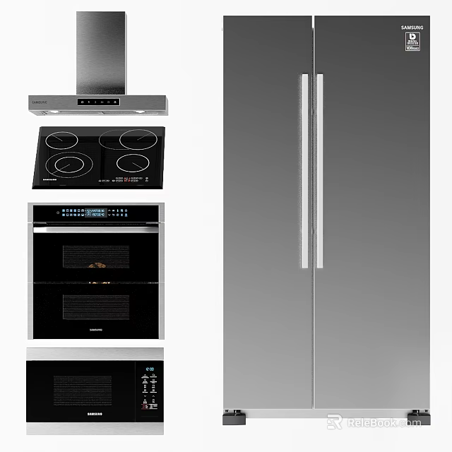 Modern Integrated Kitchen Appliances With Range Hood Stovetop Oven And Refrigerator 3d model 