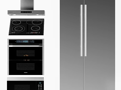 Modern Integrated Kitchen Appliances With Range Hood Stovetop Oven And Refrigerator 3d model