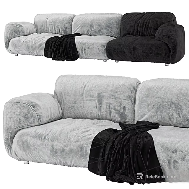 Modern Gray Black Velvet Sofa Set With Cozy Blanket And Plush Design 3d model 