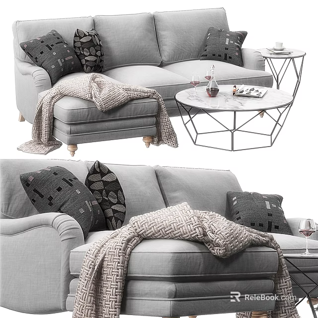Gray Two Seater Sofa With Dark Throw Pillows Knitted Blanket And Geometric Coffee Table 3d model 