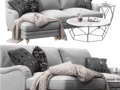Gray Two Seater Sofa With Dark Throw Pillows Knitted Blanket And Geometric Coffee Table 3d model