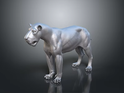 Silver Metal Big Cat Sculpture With Muscular Body On Reflective Surface 3d model